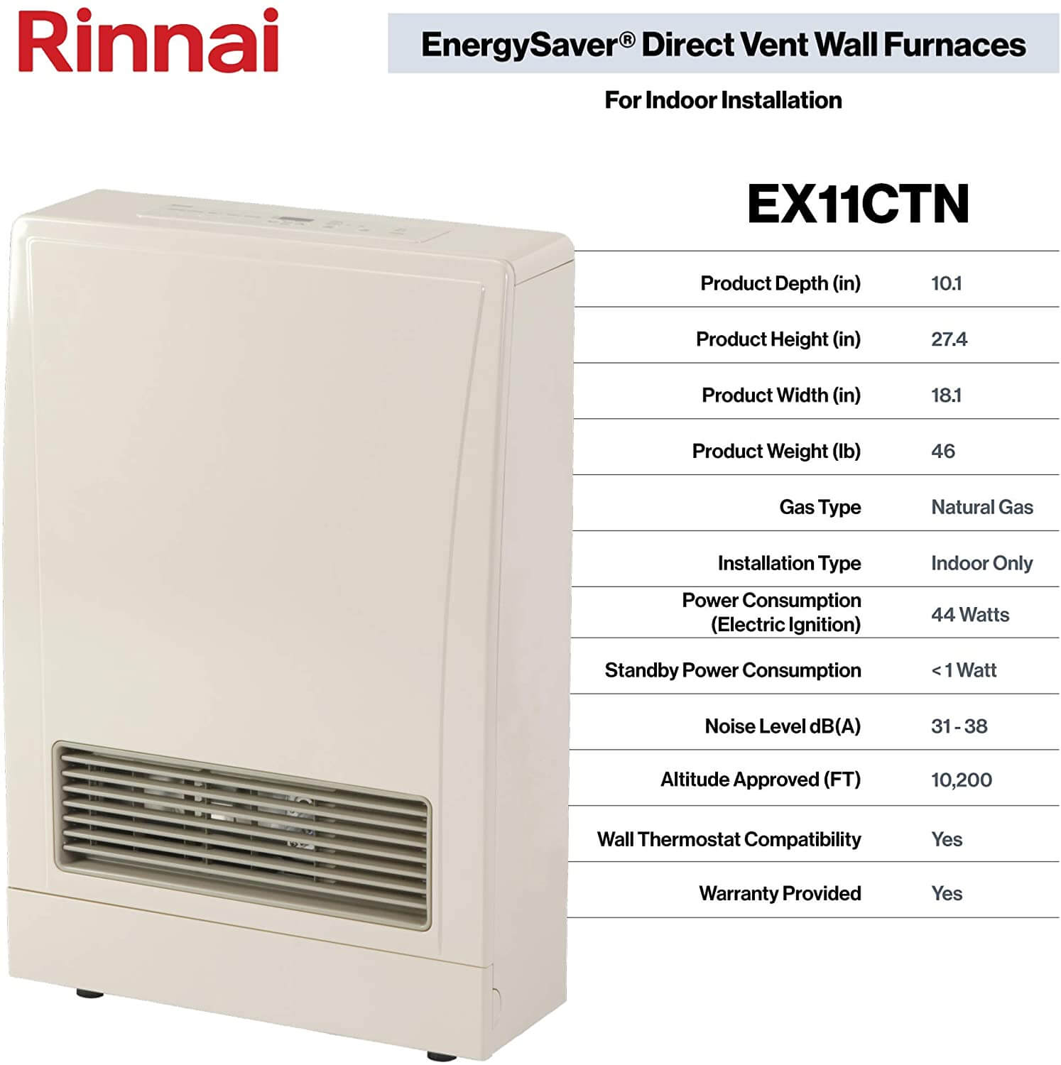 Rinnai EX11CT Direct Vent Wall Furnace Heater C-Series Wall Thermostat