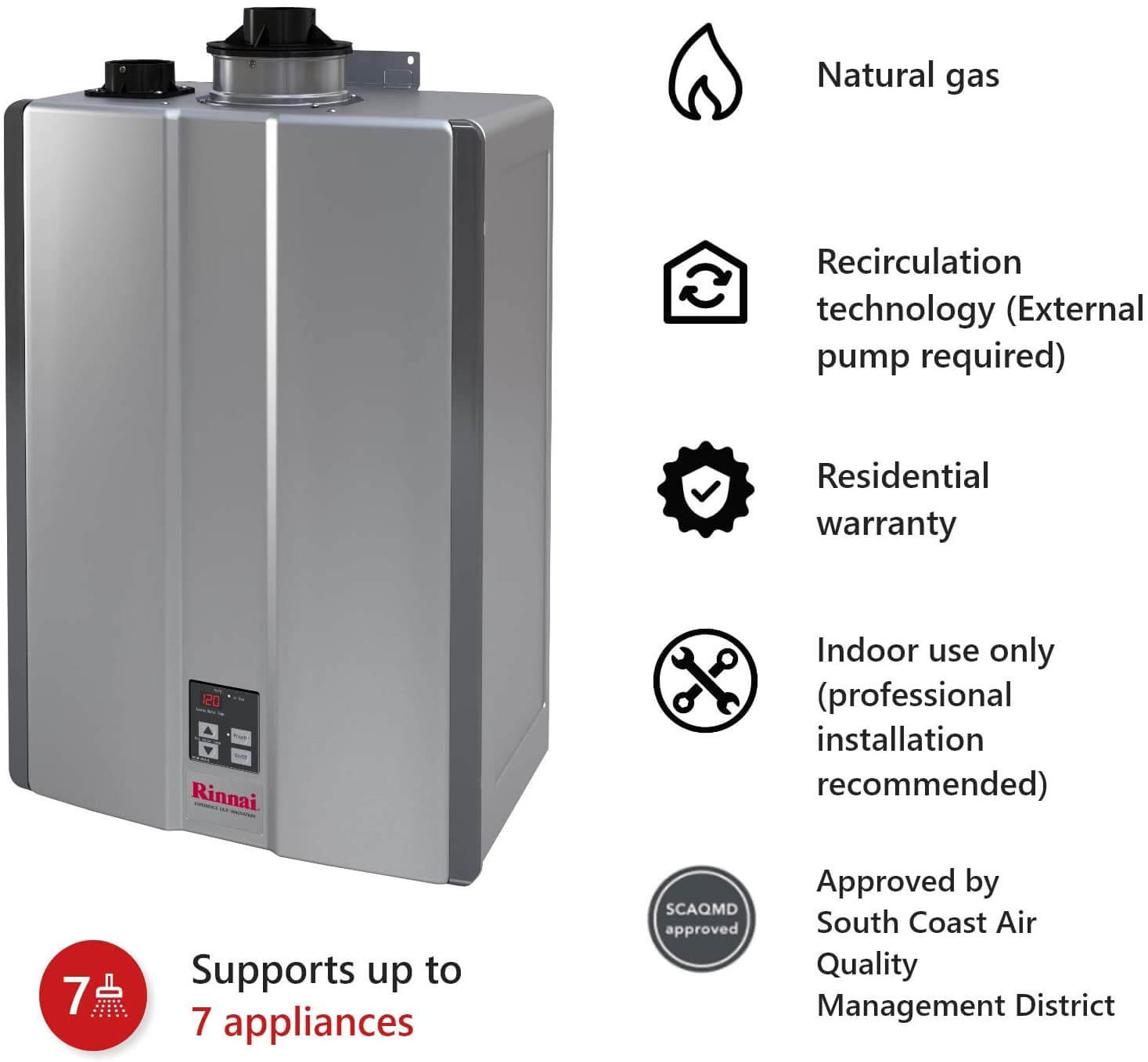 Rinnai RU160e 8.0 GPM Sensei+ Condensing Tankless Hot Water Heater, Outdoor Installation