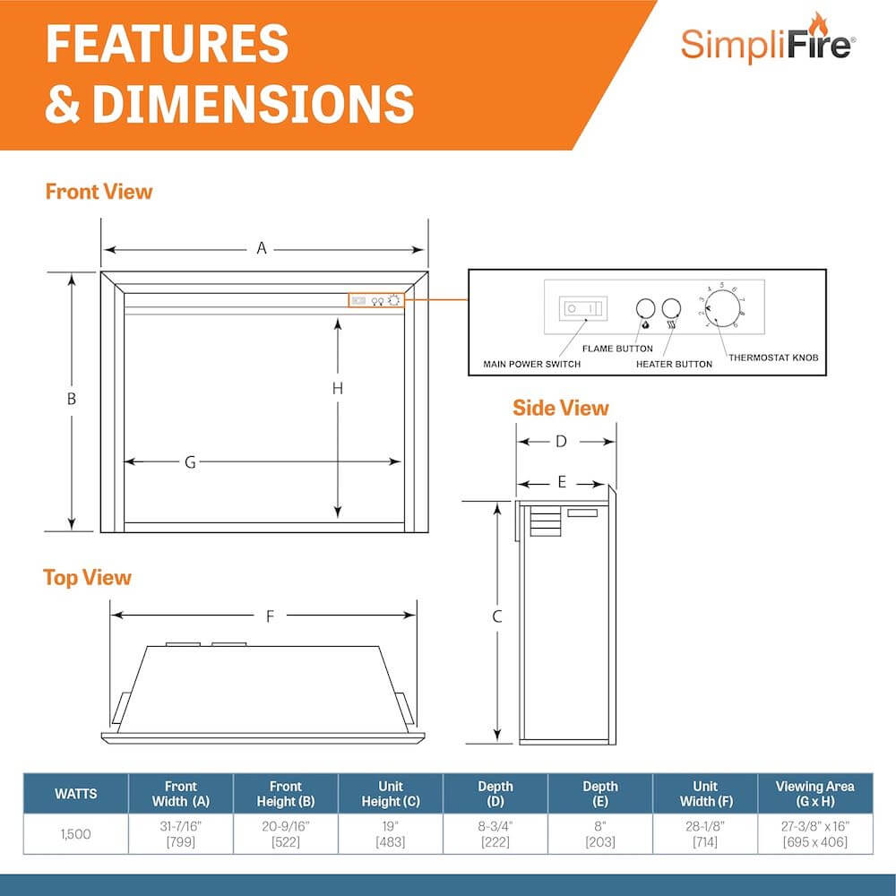 SimpliFire GI-32-ZC 32" Electric Fireplace Insert, Plug-In Ready