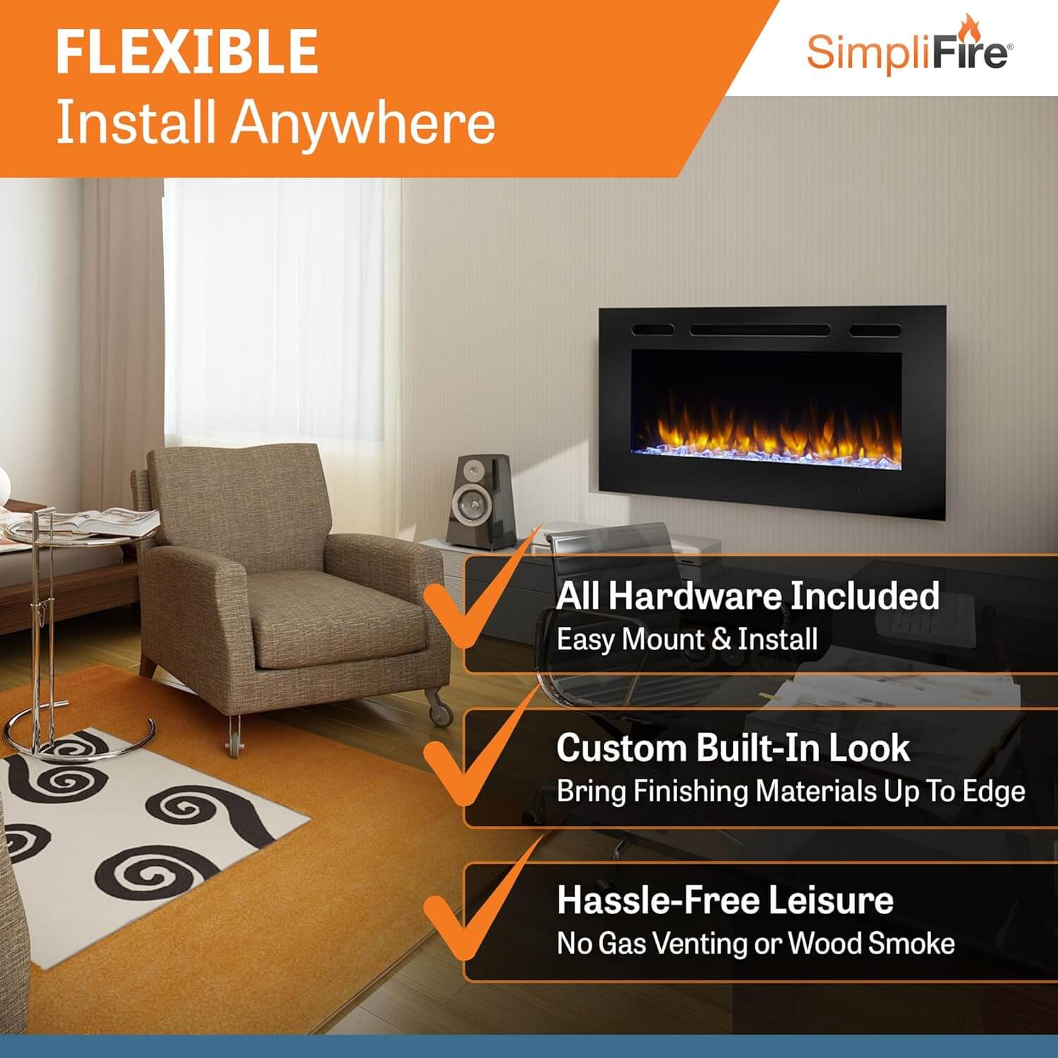 SimpliFire SF-ALL40-BK 40" Allusion Recessed Linear Electric Fireplace