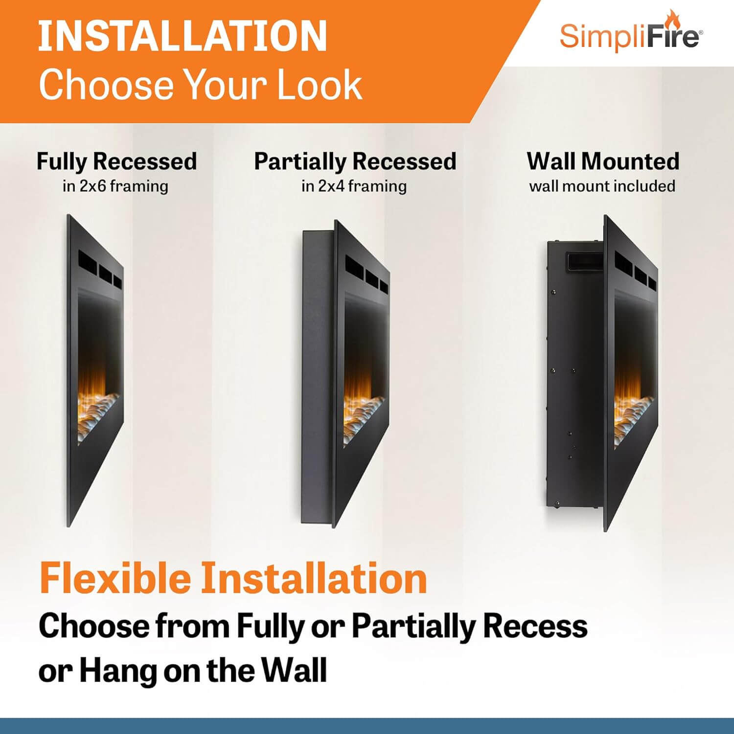 SimpliFire SF-ALL40-BK 40" Allusion Recessed Linear Electric Fireplace