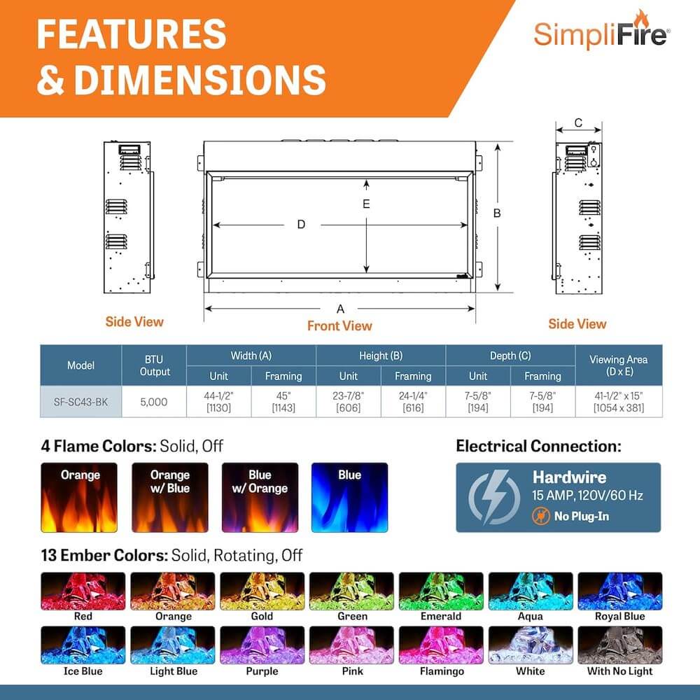 SimpliFire Scion SF-SC43-BK 43" Clean Face Wall Mount Linear Electric Fireplace