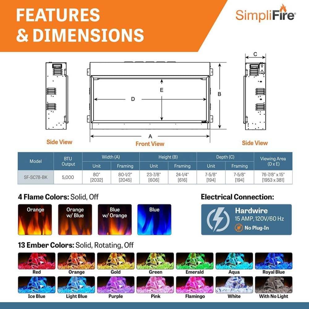 SimpliFire Scion SF-SC78-BK 78" Clean Face Wall Mount Linear Electric Fireplace
