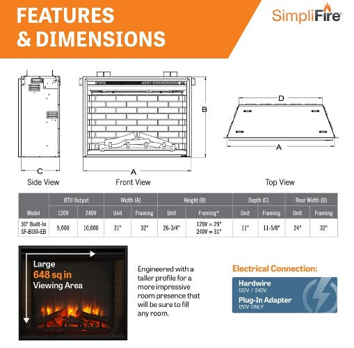 SimpliFire SF-BI30-EB 30" Built-In Electric Fireplace