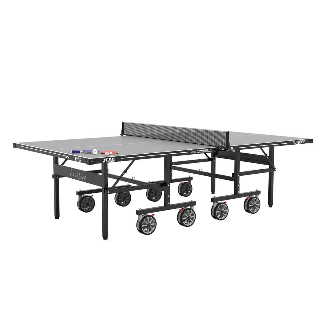 Stag PACIFICA GRAY OUTDOOR Folding Weatherproof TT Table Tennis Table, 4-Player Bundle