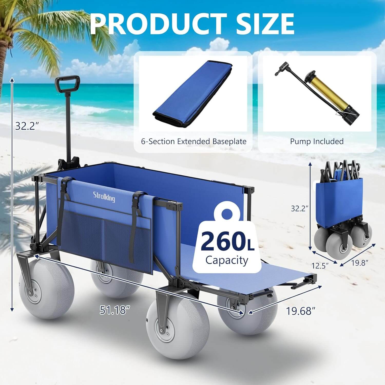 Strolking 51" Foldable Beach Wagon, Pump Included