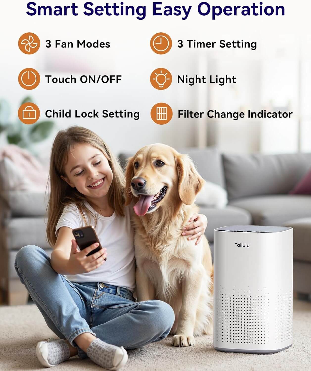 Tailulu H13 True HEPA Air Purifier for Home Large Room up to 1500ft²