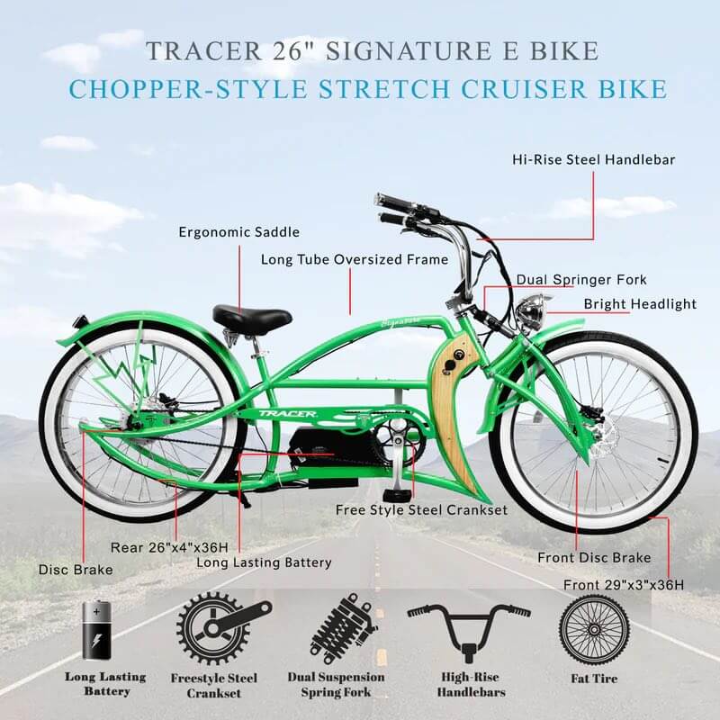 electric bicycle chopper style Tracer SIGNATURE PRO 26" 800W 48V Fat Tire Chopper Cruiser Electric Bike Red