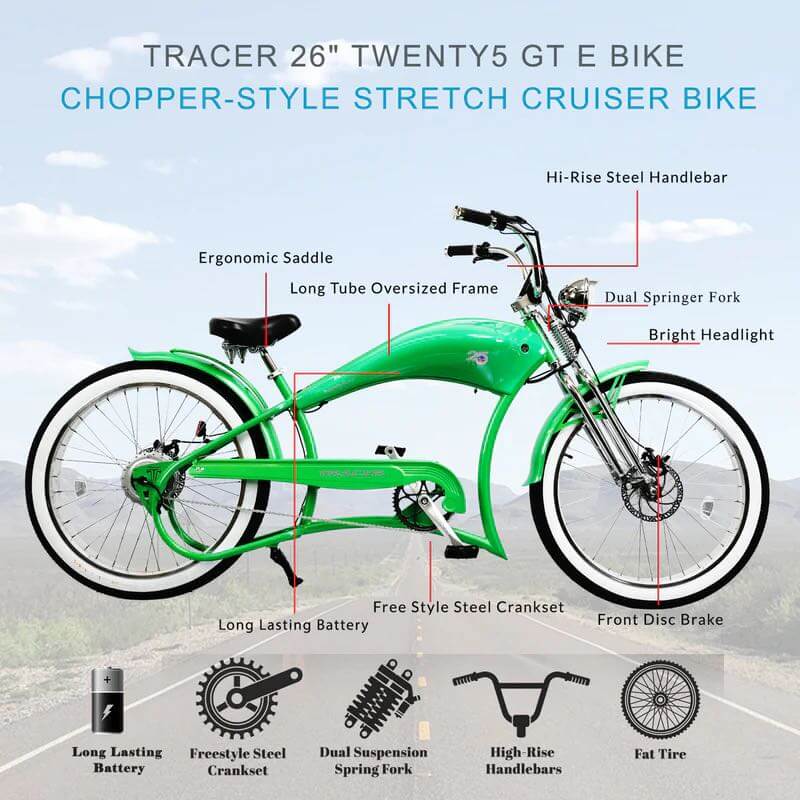 Tracer TWENTY5 DS 500W 48V 5 Speed Fat Tire Chopper Stretch Cruiser Electric Bike