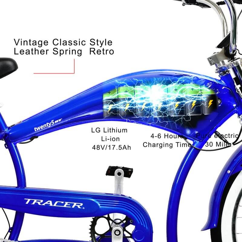 Tracer TWENTY5 GT 500W 48V 26" Fat Tire Chopper Stretch Cruiser Electric Bike