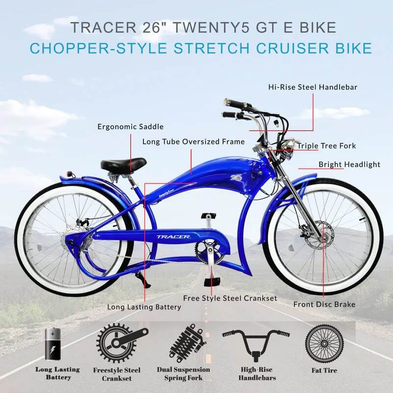 Tracer TWENTY5 GT 500W 48V 26" Fat Tire Chopper Stretch Cruiser Electric Bike