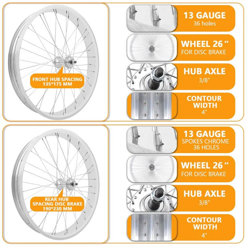 Tracer WH-T952636D7 26"x3"x13Gx36H Alloy Fat Rims Wheel Set for 7 Speed Bikes