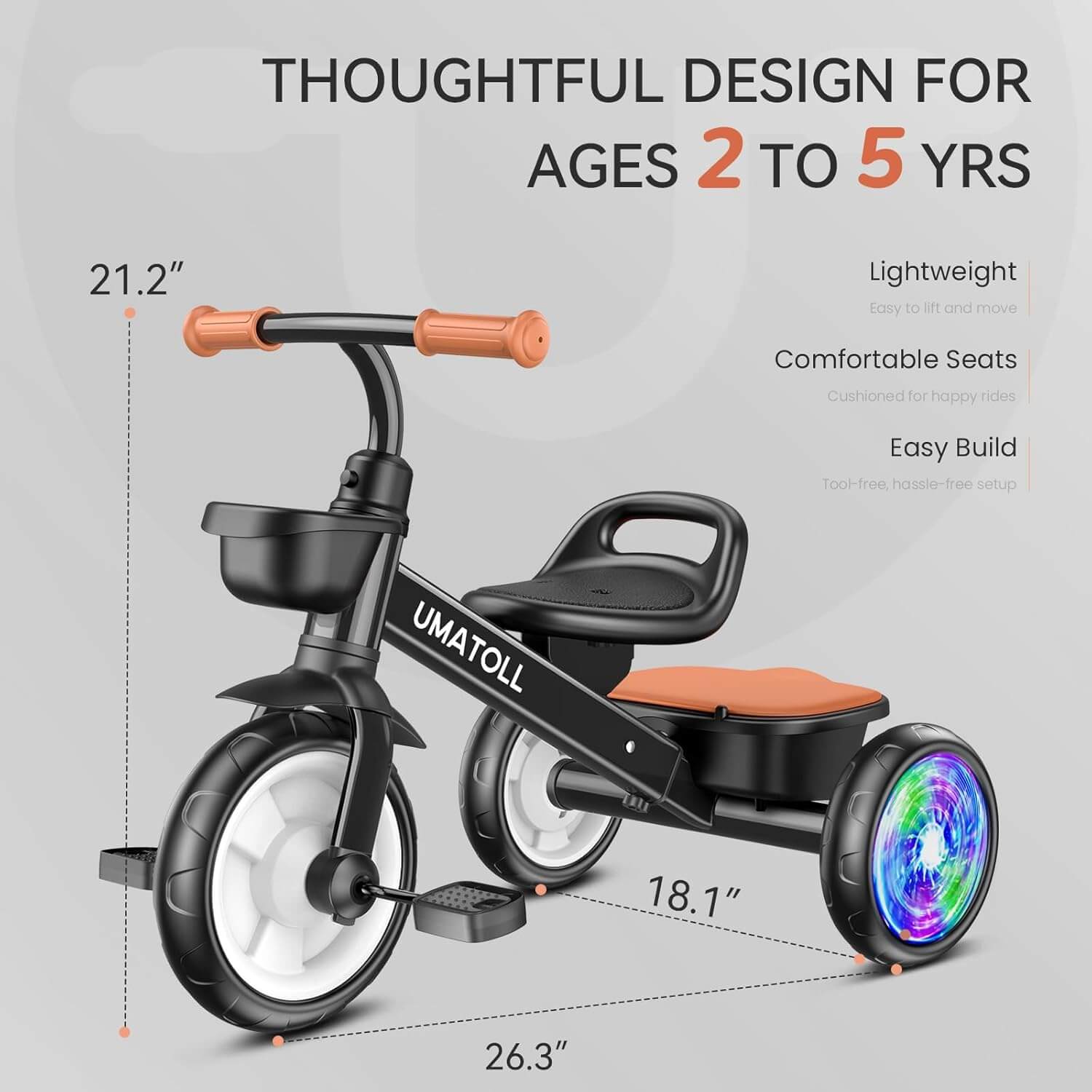 Umatoll Adjustable Kids' Tricycle, Light Up Wheels
