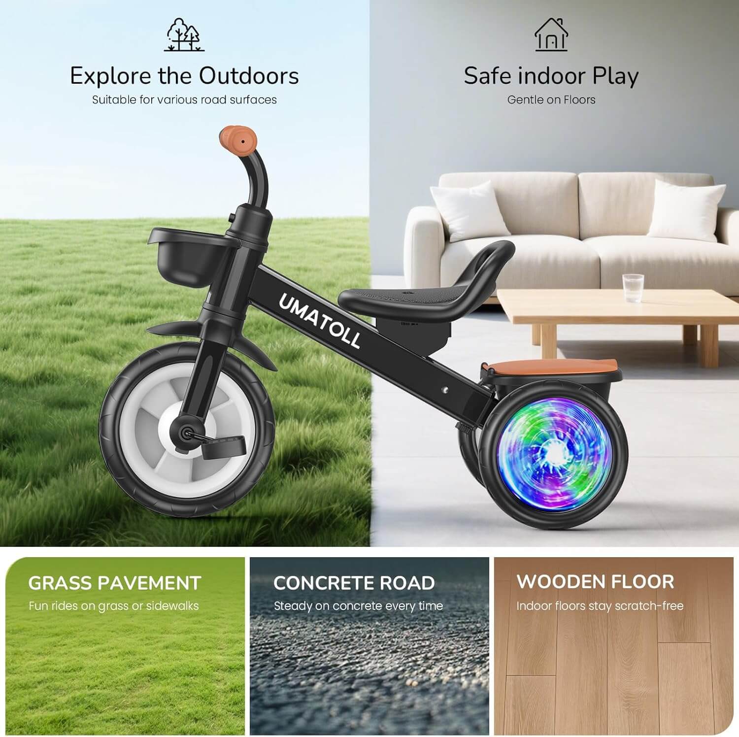 Umatoll Adjustable Kids' Tricycle, Light Up Wheels
