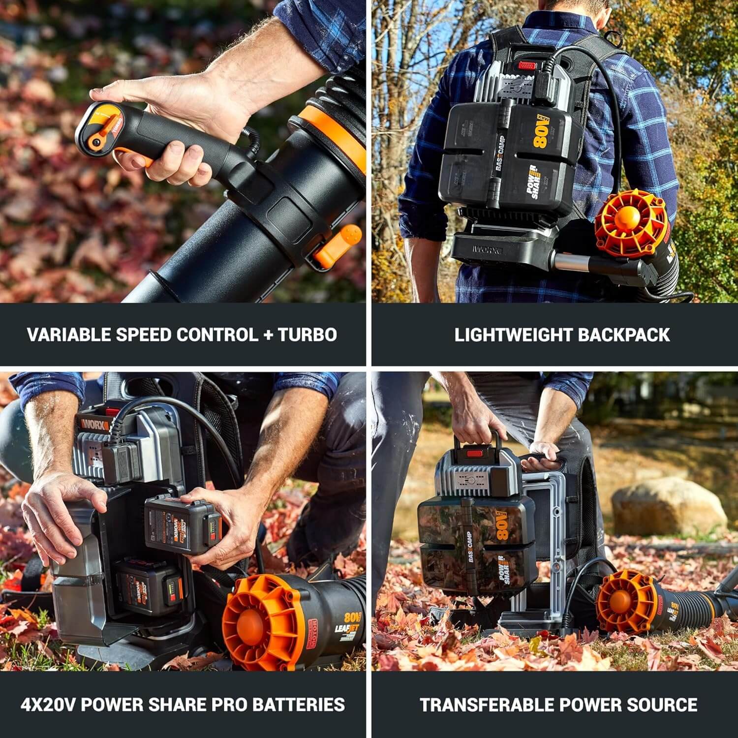 WORX WG572 Nitro 800CFM 80V Backpack Cordless Leaf Blower