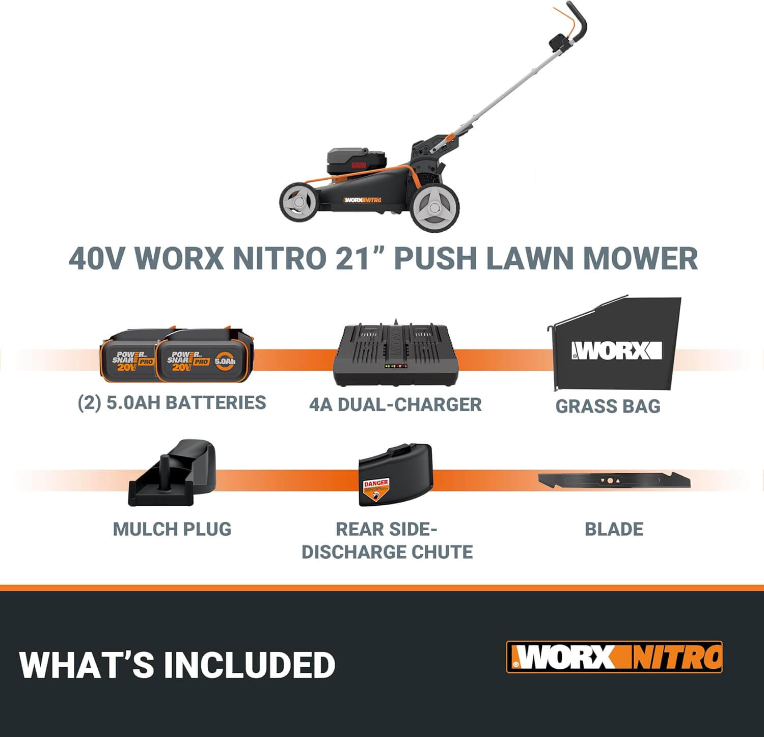 WORX WG752 40V 21" Cordless Electric Push Lawn Mower