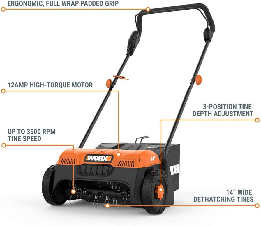WORX WG850 12Ah Corded Lawn Dethatcher, Electric Scarifier