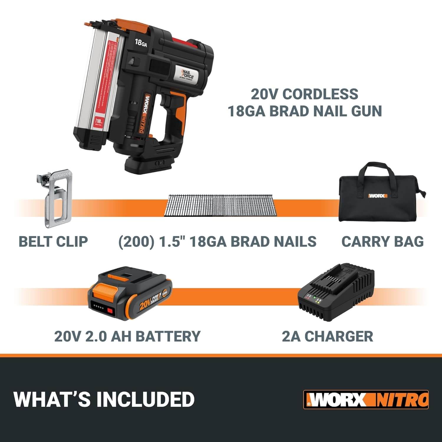 Worx Nitro 20V Cordless 18GA Brad Nail Gun, Power Share WX842L