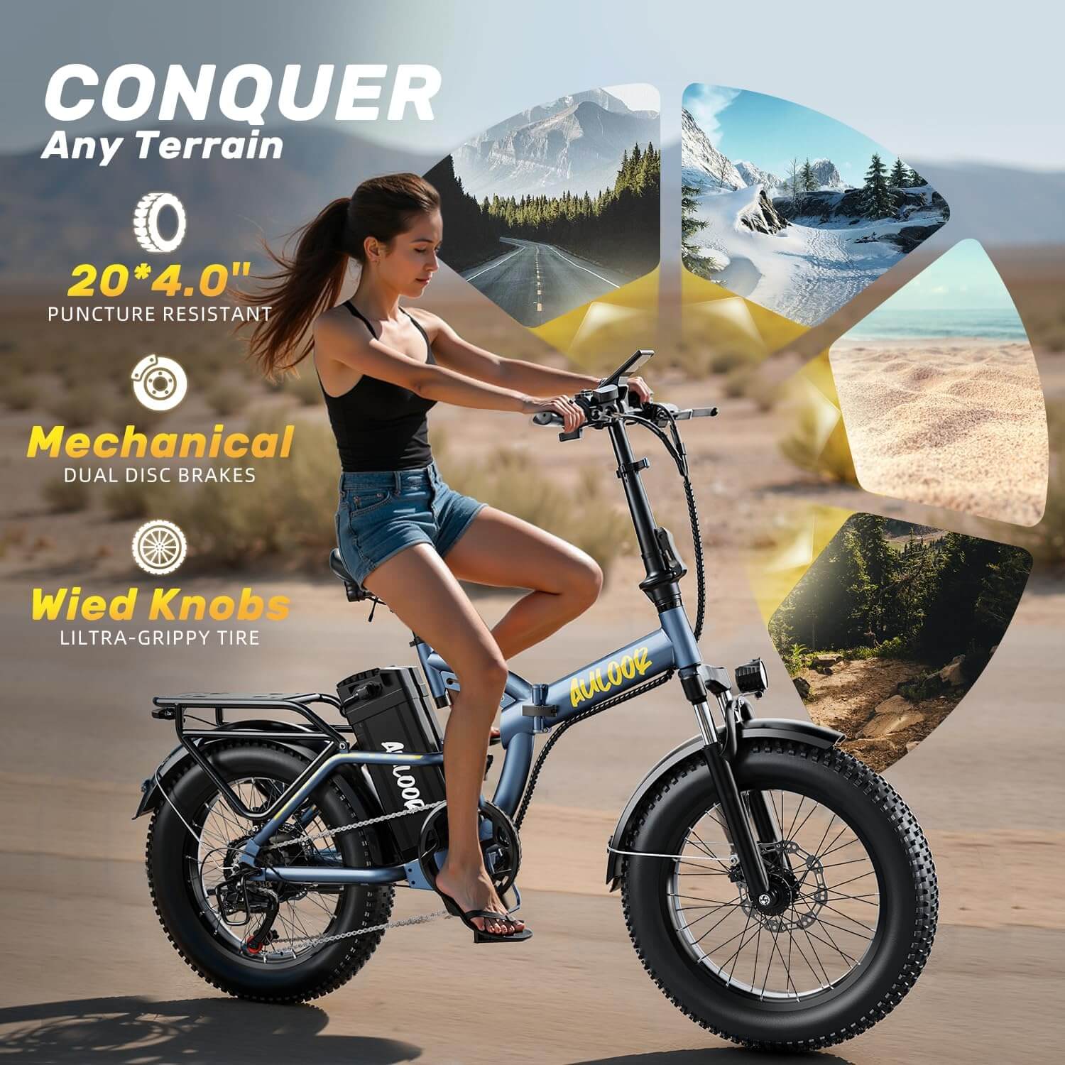 Auloor 1500W 48V 20Ah Folding Beach Fat Tire Electric Bike