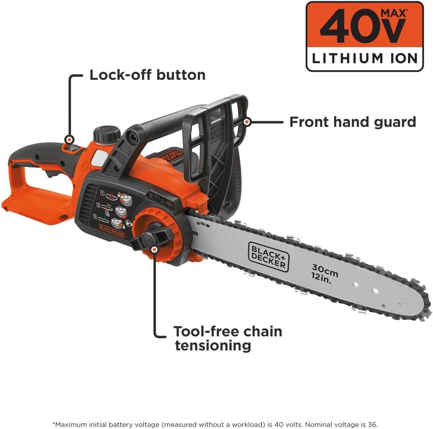Black Decker 40V Max 12″ Cordless Electric Chainsaw, LCS1240