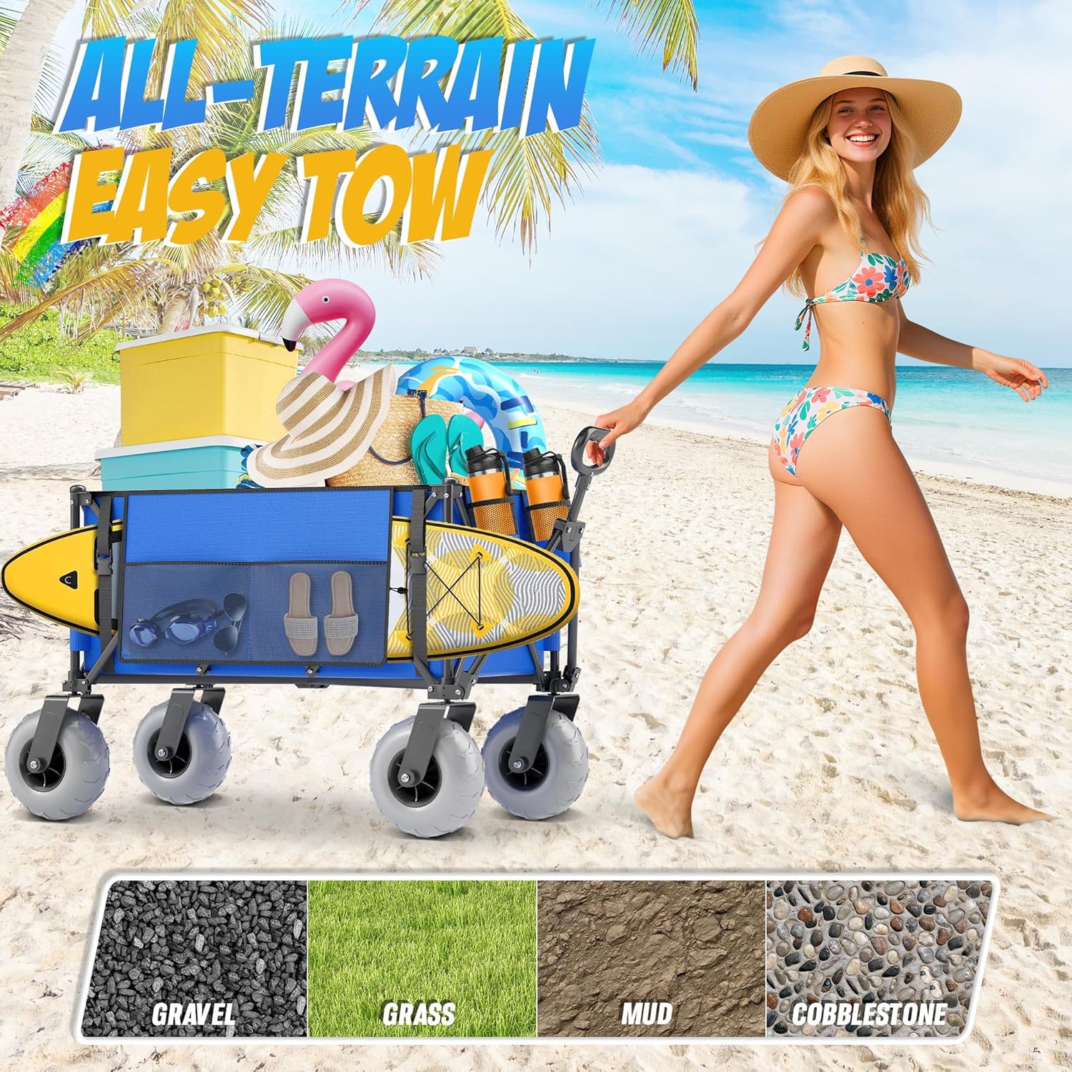 CAtArt 45" Heavy Duty Foldable Beach Wagon with Big Wheel for Sand