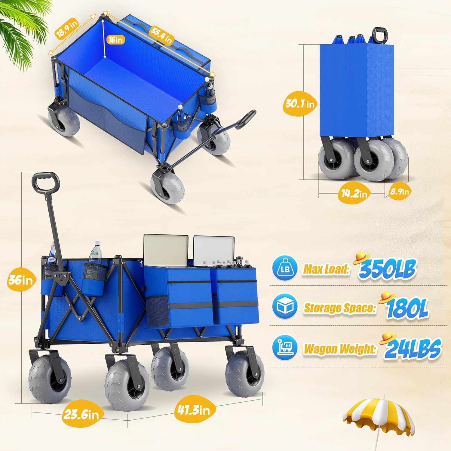 CAtArt 45" Heavy Duty Foldable Beach Wagon with Big Wheel for Sand
