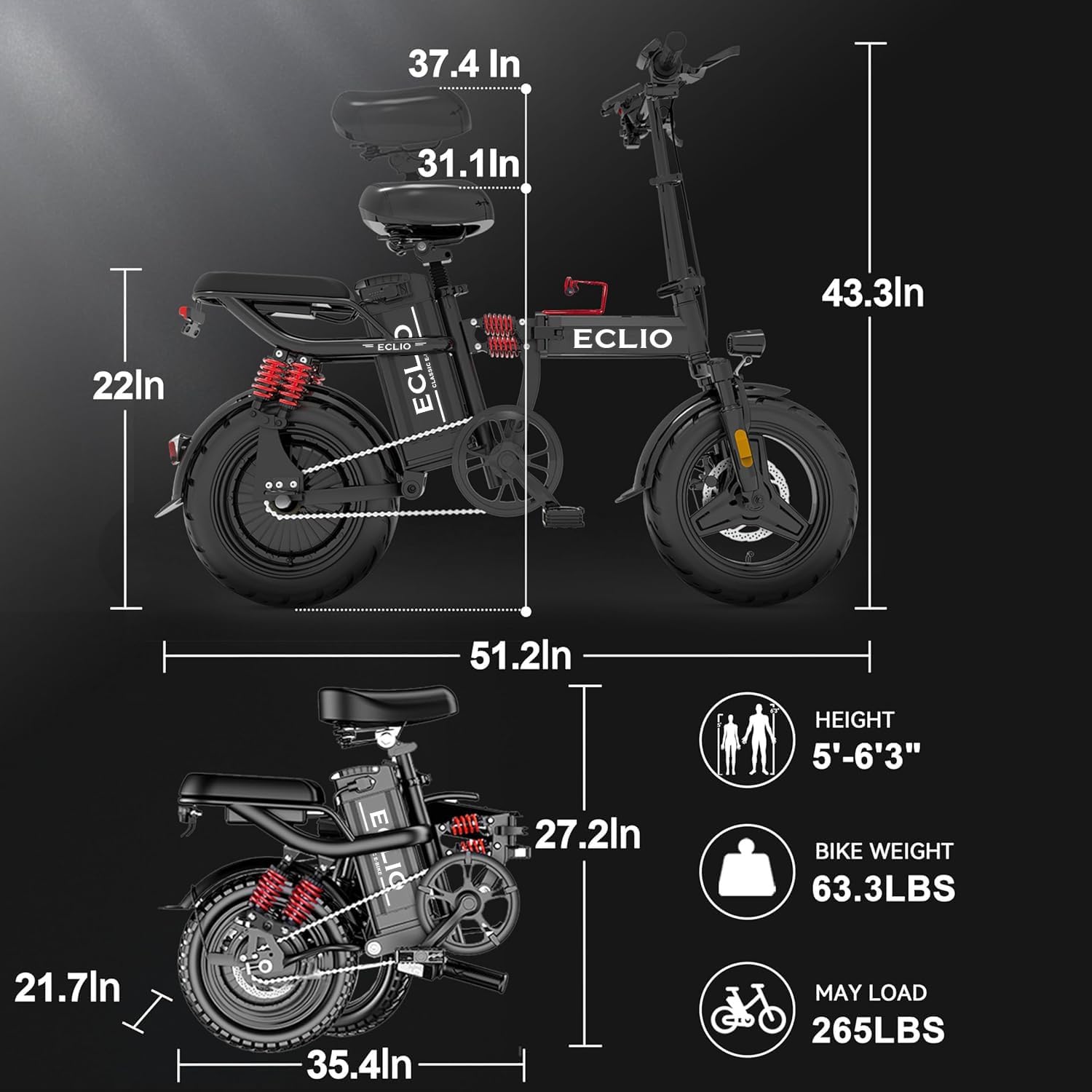 ECLIO 14" M1 800W 48V 14Ah Full Suspension Adults Folding Electric Bike