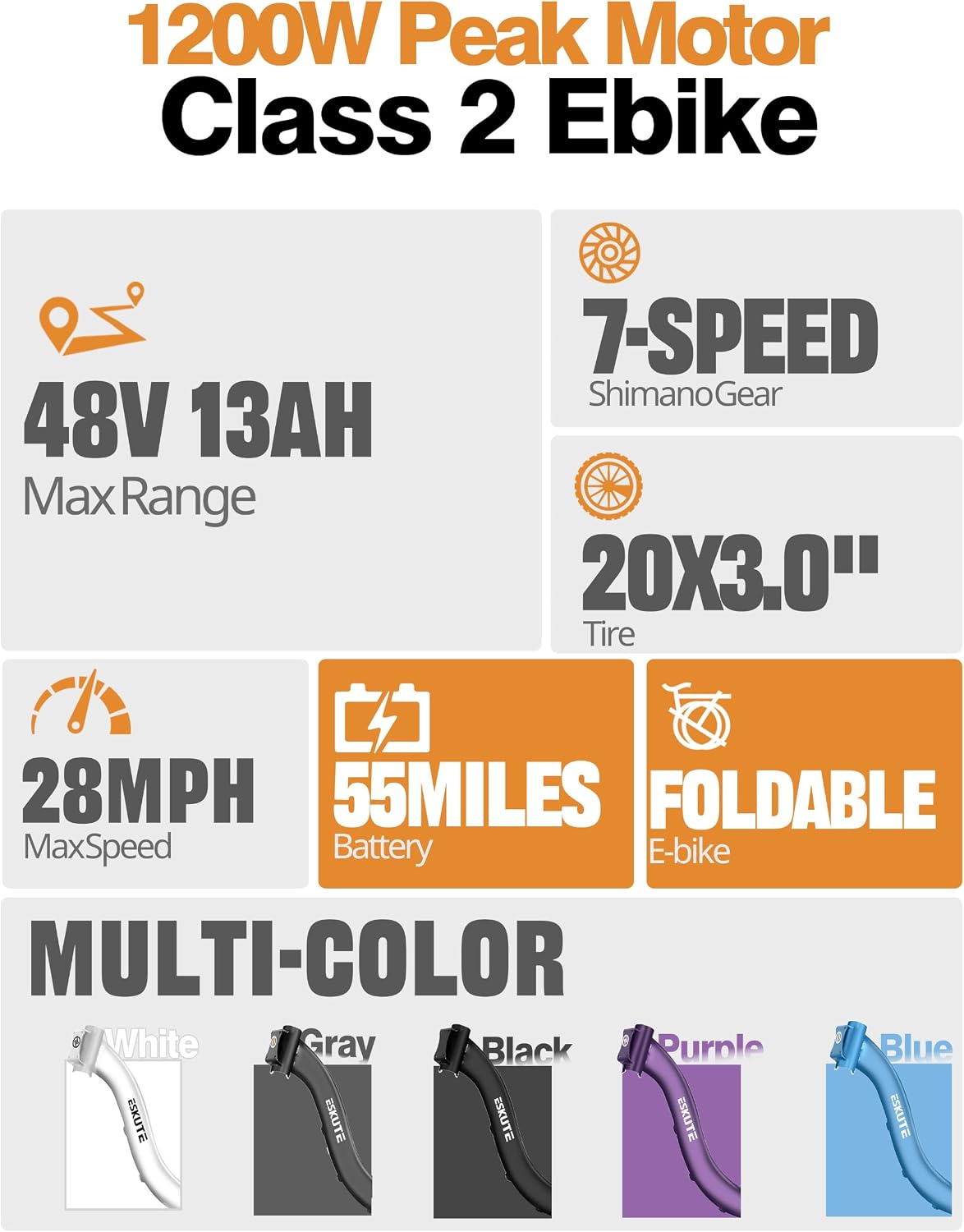 ESKUTE D200 1200W 48V 13Ah 7-Speed Step‑Through Adults Electric Bike