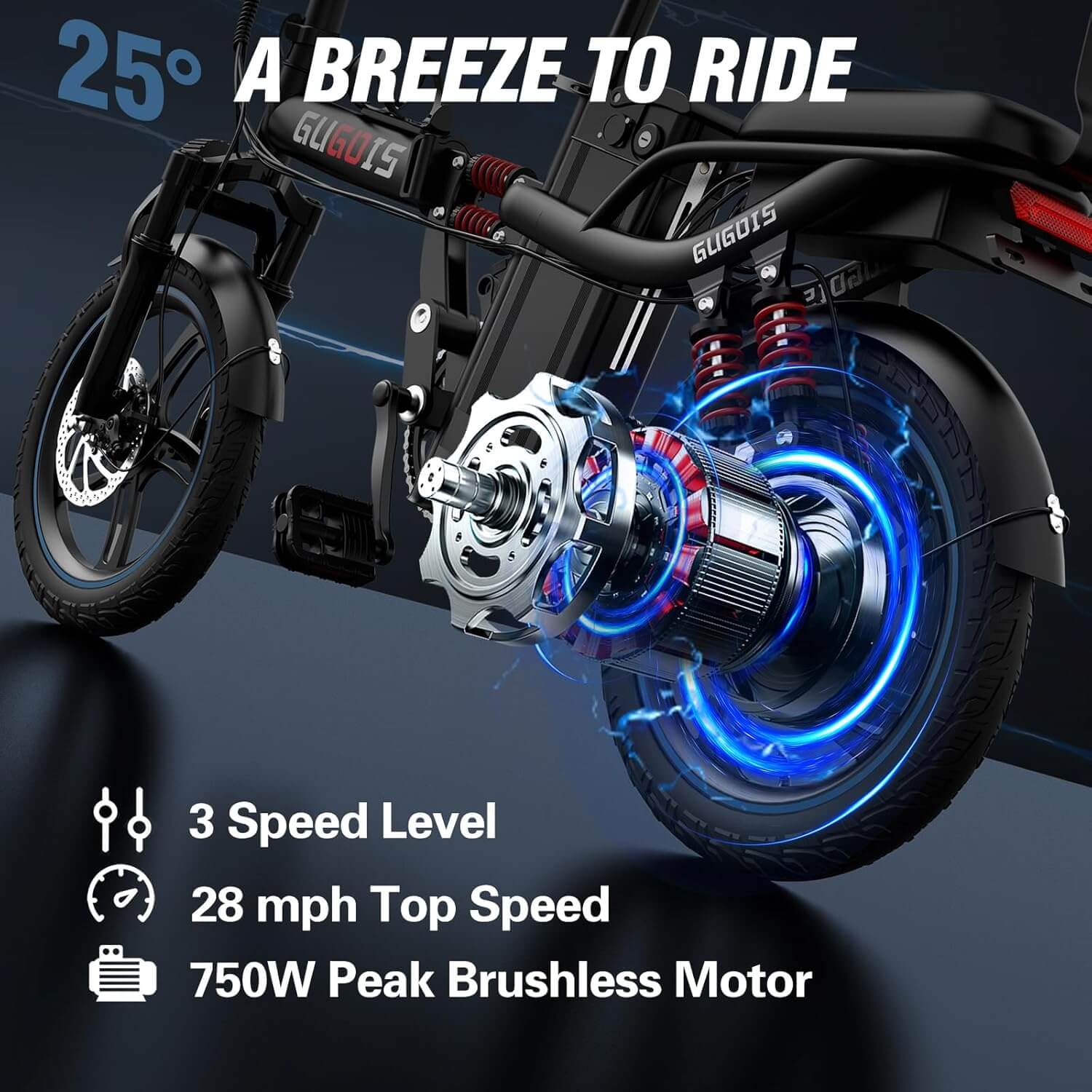 GUGOIS G16 2 Seater 750W Peak 16" Commuter Folding Fat Tire Electric Bike