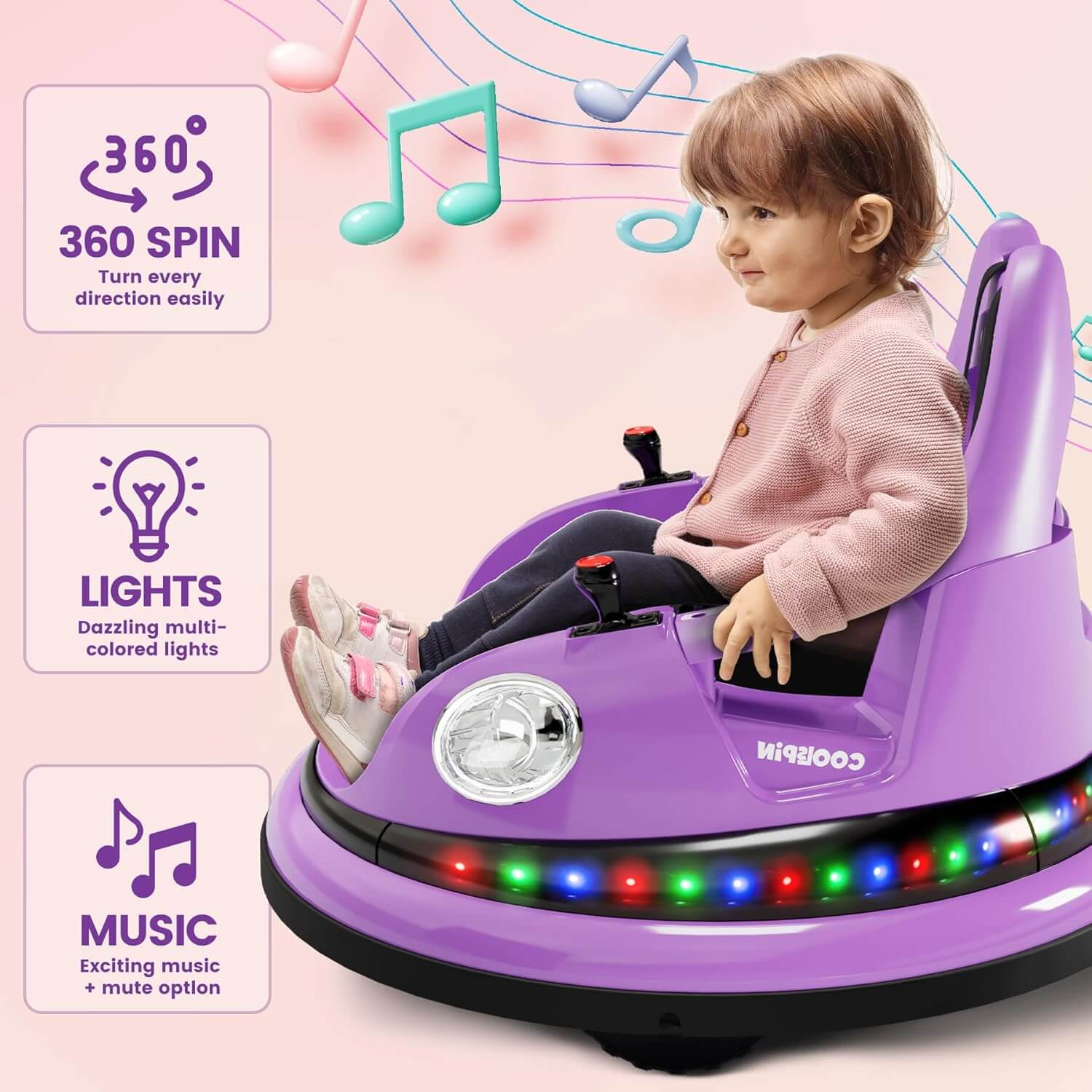 Hetoy 12V Electric Kids Ride-On Bumper Car, 360° Spin
