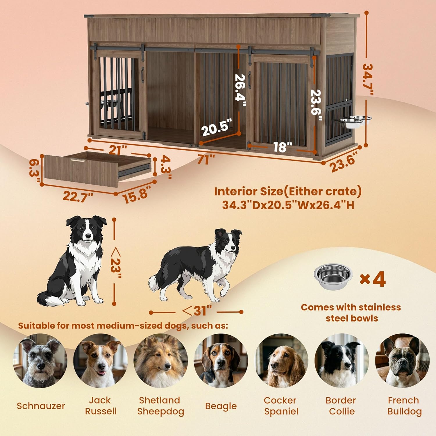 HRVEOCEI 71" Double Dog Crate Furniture
