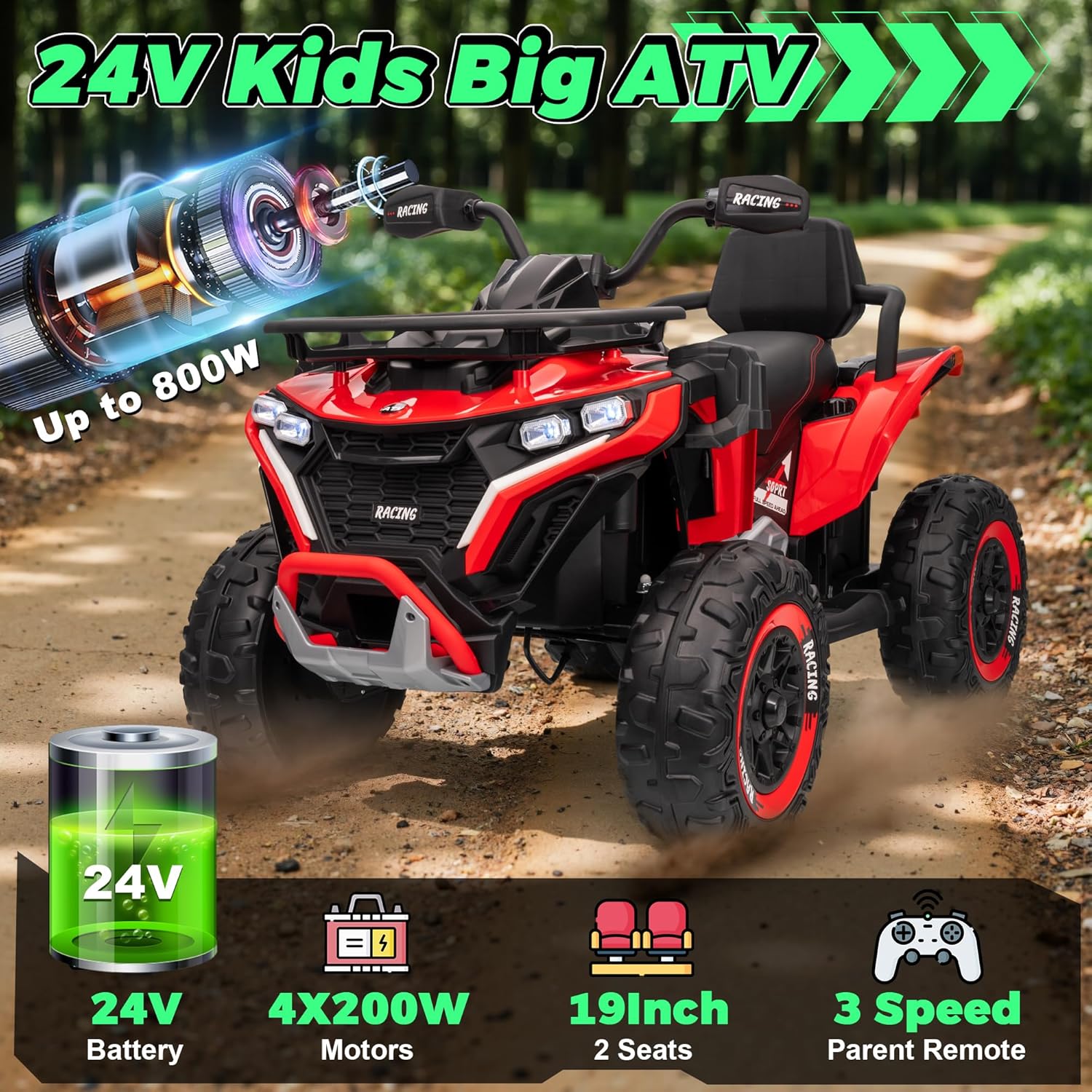JORFLY 800W 24V 2 Seater Big Kids' Ride-On Electric All-Terrain Vehicle ATV
