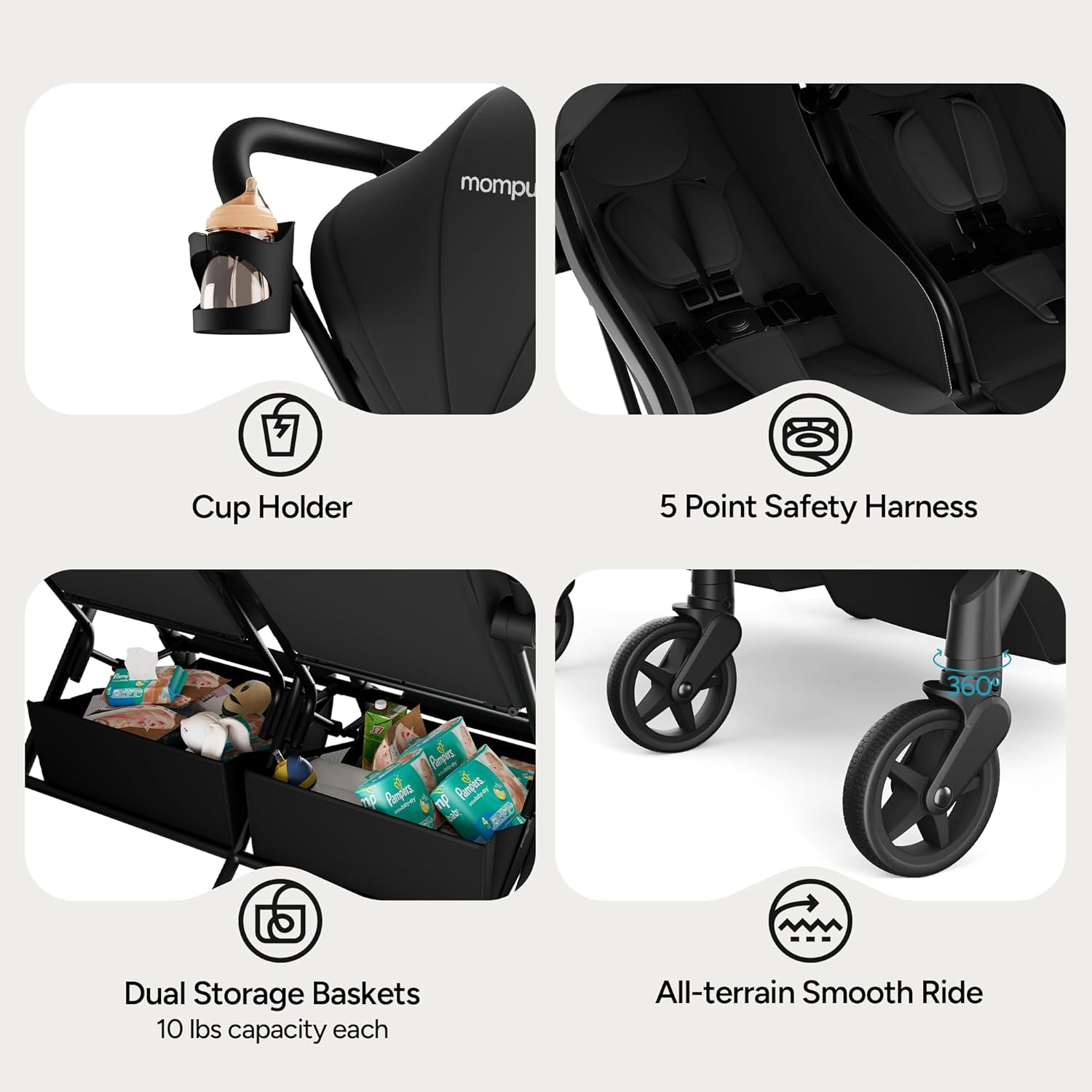 Mompush LITHE Double Newborn and Toddler Folding Stroller