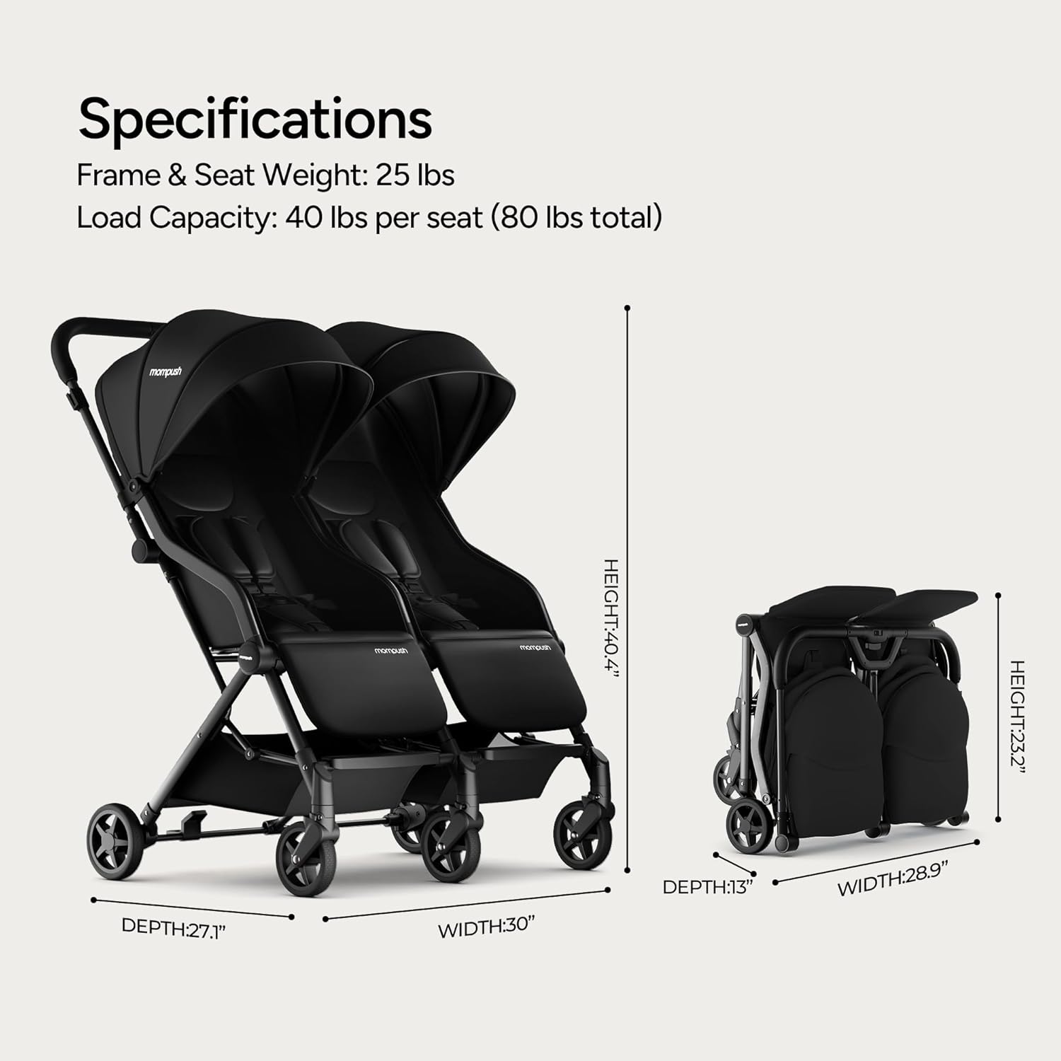 Mompush LITHE Double Newborn and Toddler Folding Stroller