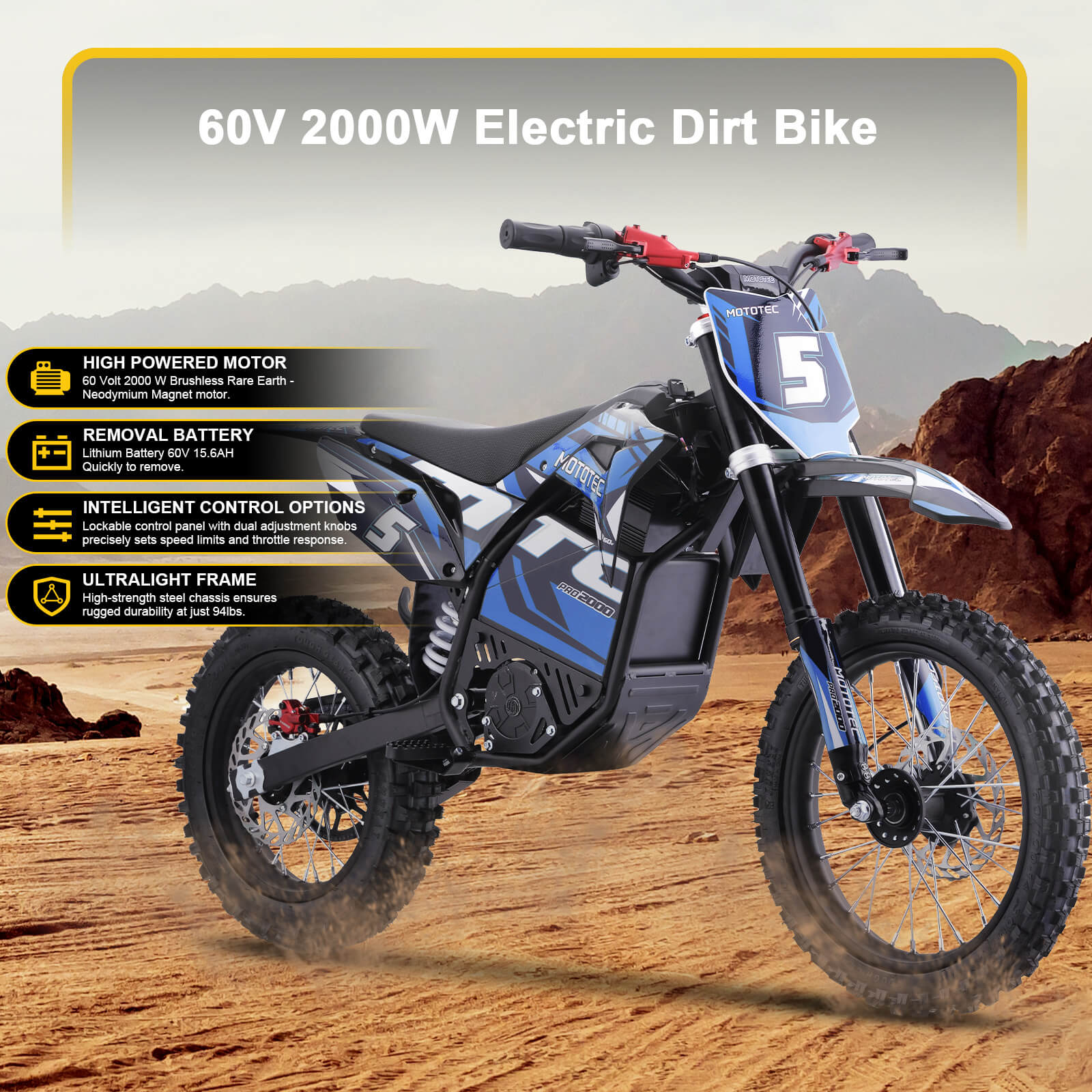 MotoTec 2000W 60V PRO (HP115E) Kids' Suspension Lithium Electric Dirt Bike