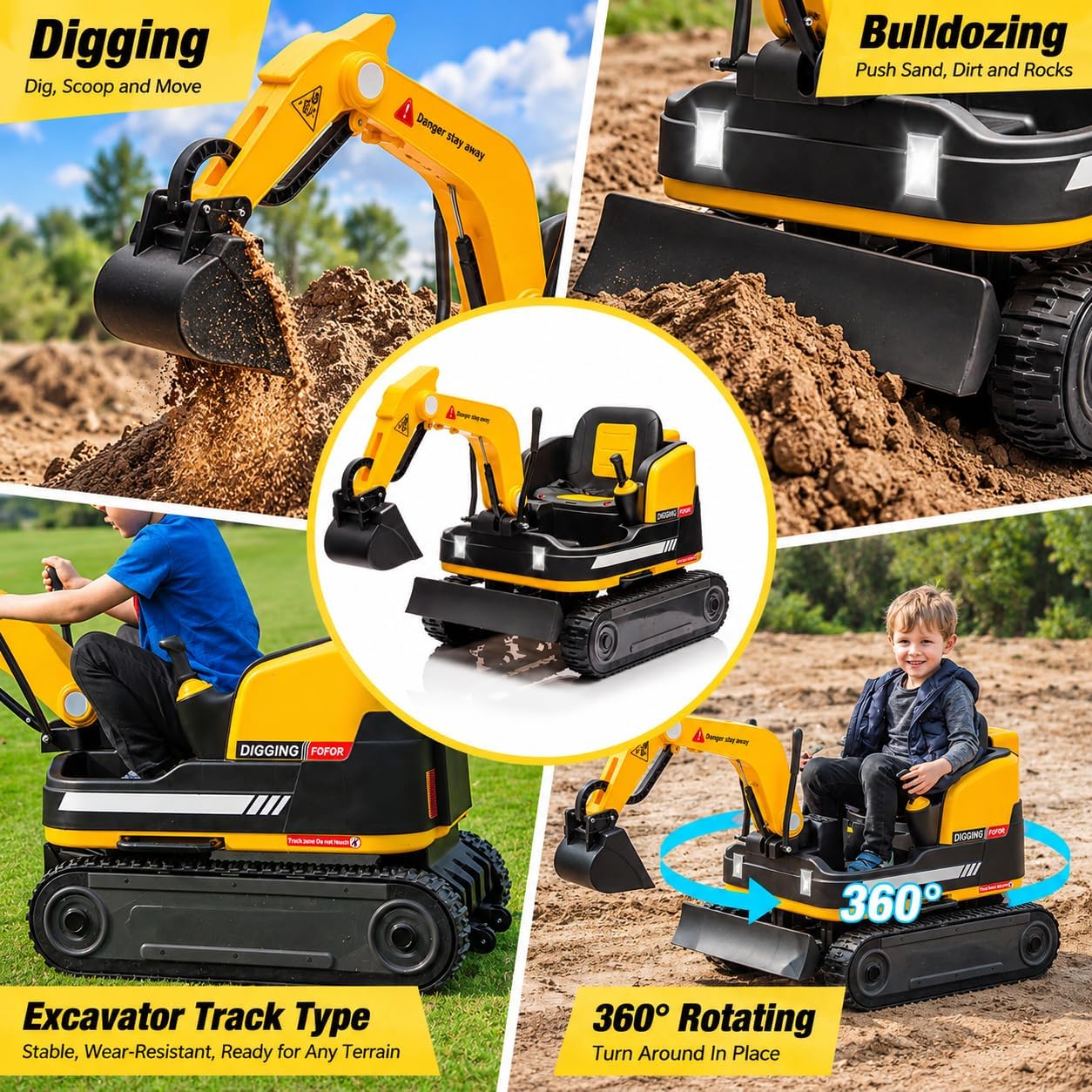 OYLDIAS 360 Degree Rotating Battery Powered Bulldozer Excavator Kids' Ride-On Truck