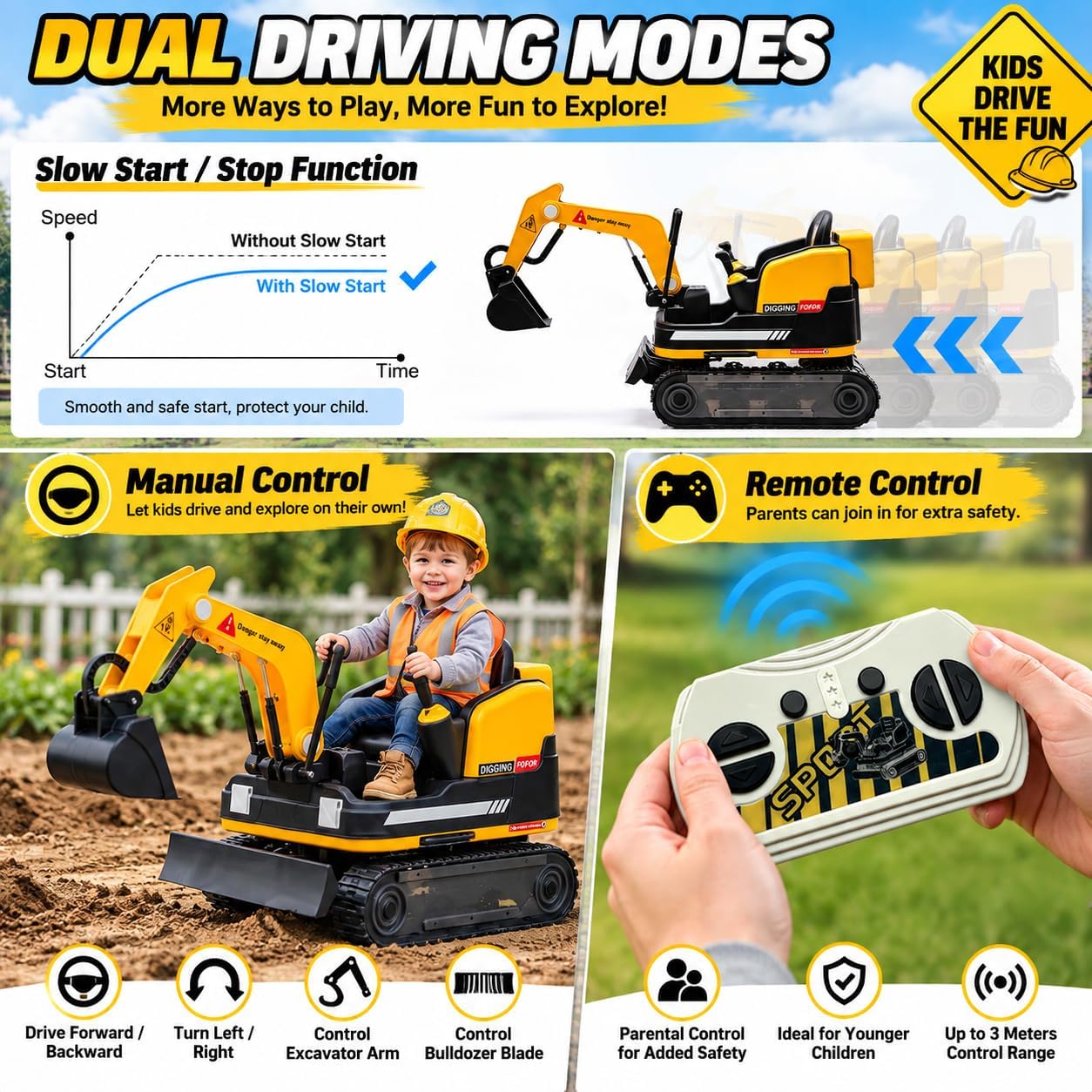 OYLDIAS 360 Degree Rotating Battery Powered Bulldozer Excavator Kids' Ride-On Truck