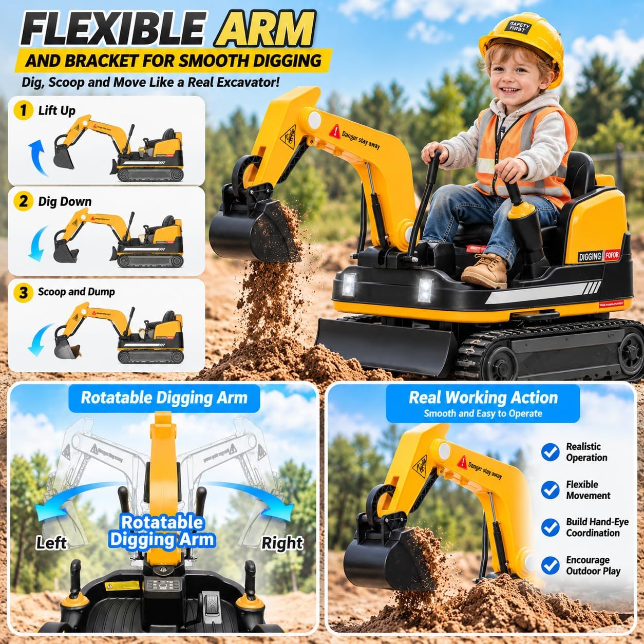 OYLDIAS 360 Degree Rotating Battery Powered Bulldozer Excavator Kids' Ride-On Truck