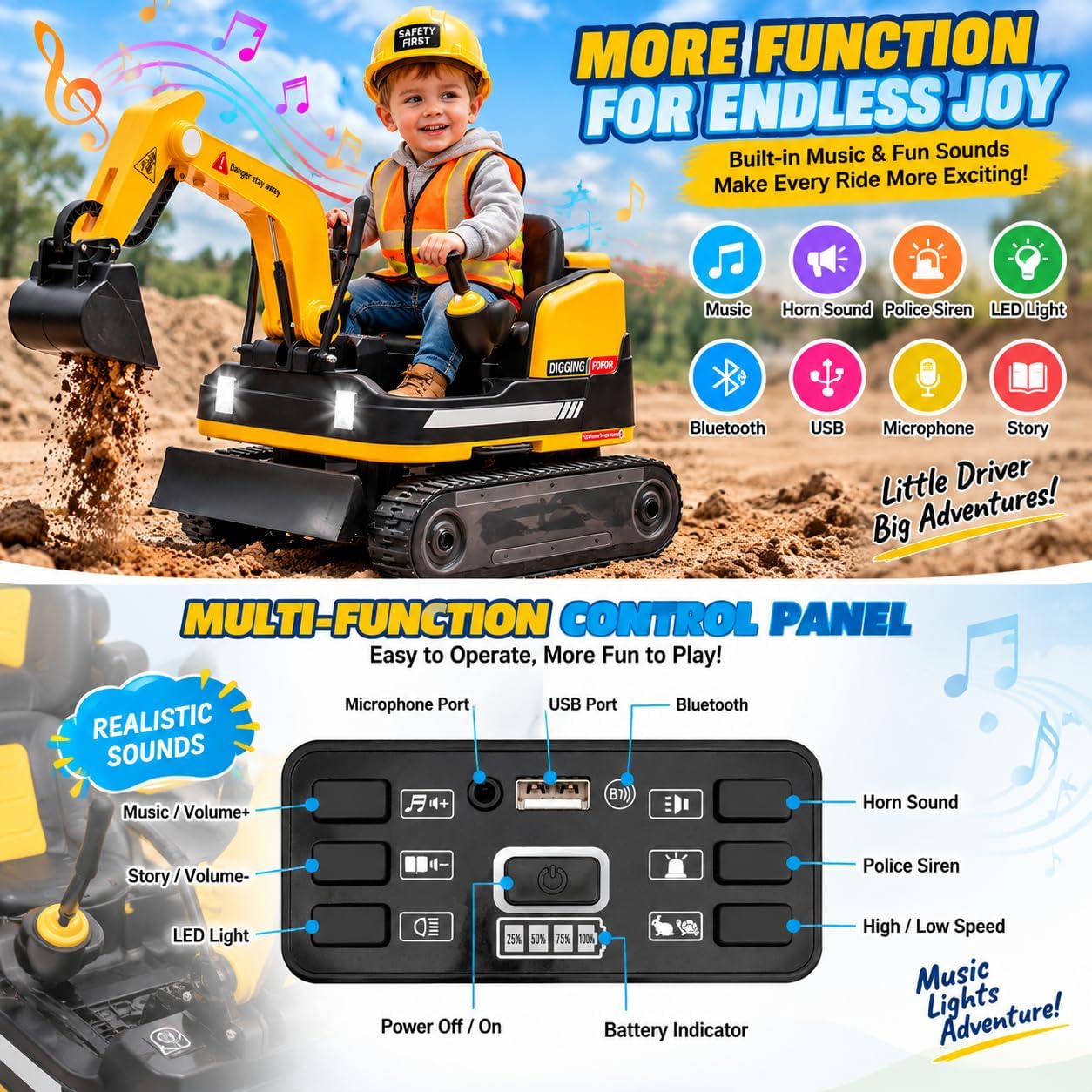 OYLDIAS 360 Degree Rotating Battery Powered Bulldozer Excavator Kids' Ride-On Truck