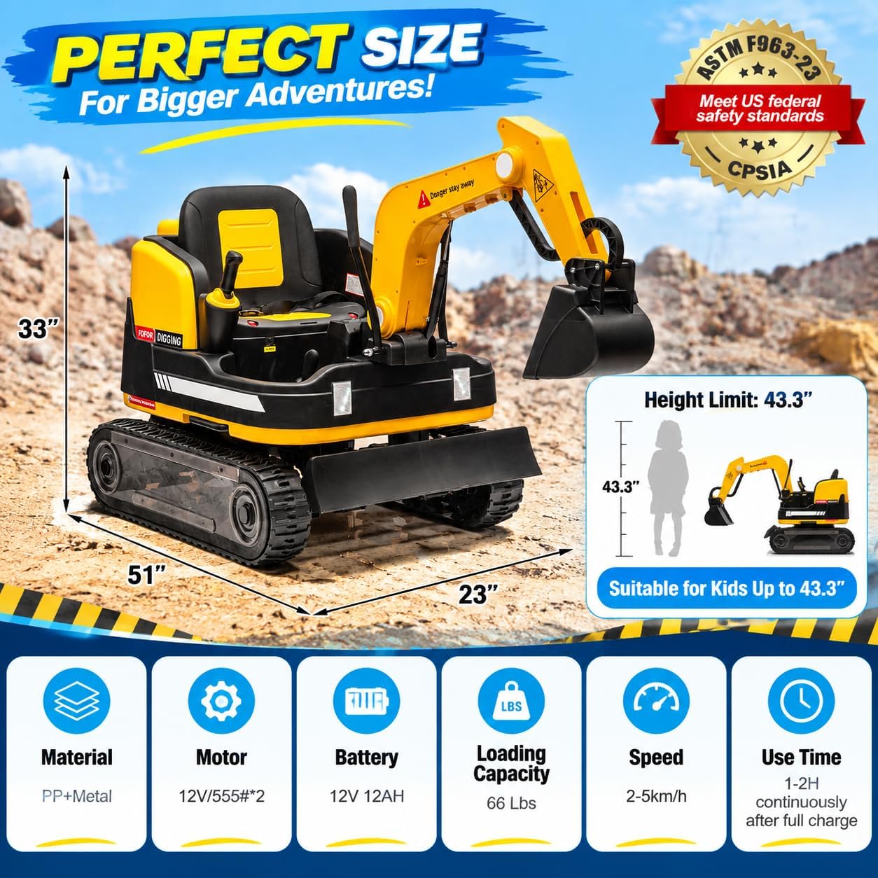 OYLDIAS 360 Degree Rotating Battery Powered Bulldozer Excavator Kids' Ride-On Truck