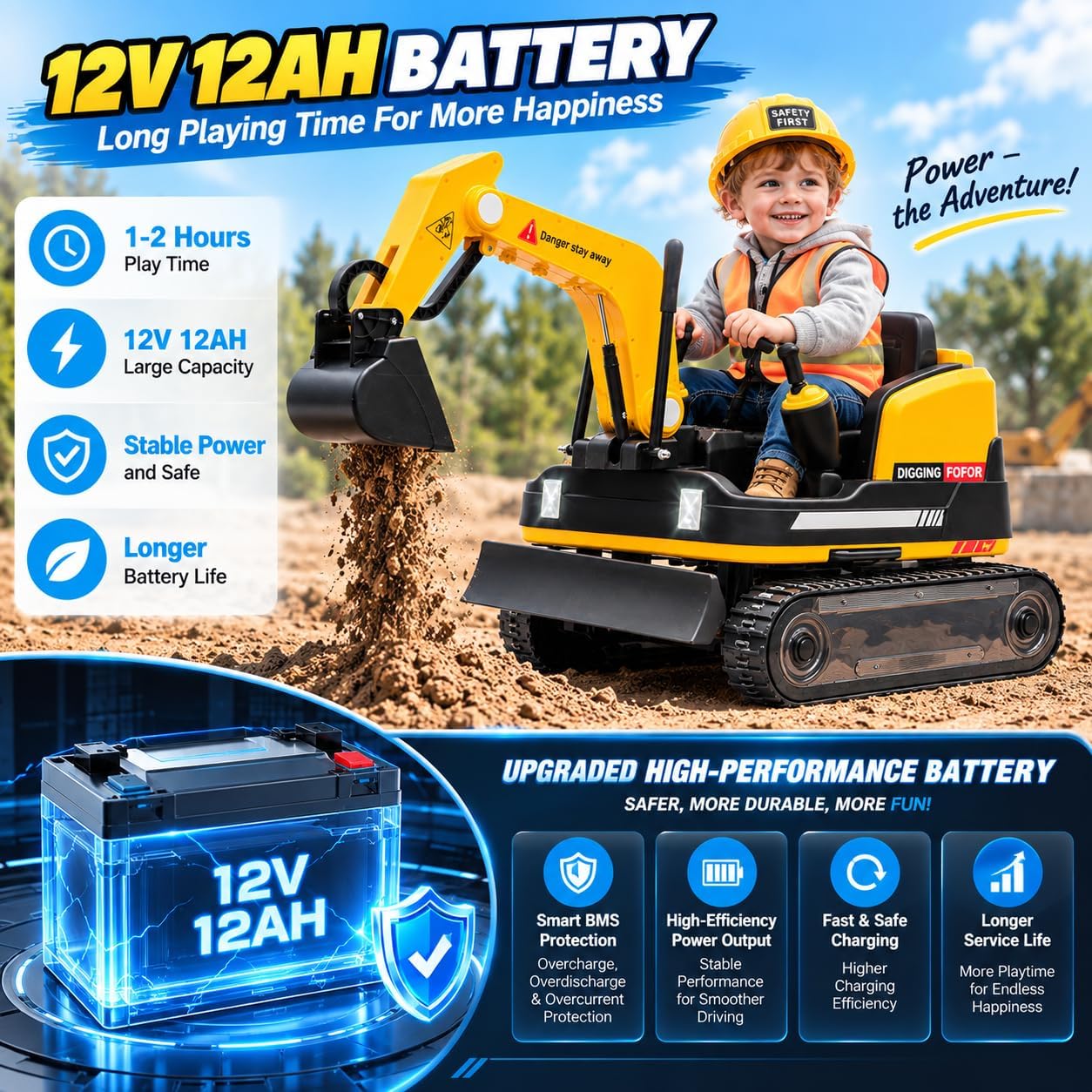 OYLDIAS 360 Degree Rotating Battery Powered Bulldozer Excavator Kids' Ride-On Truck