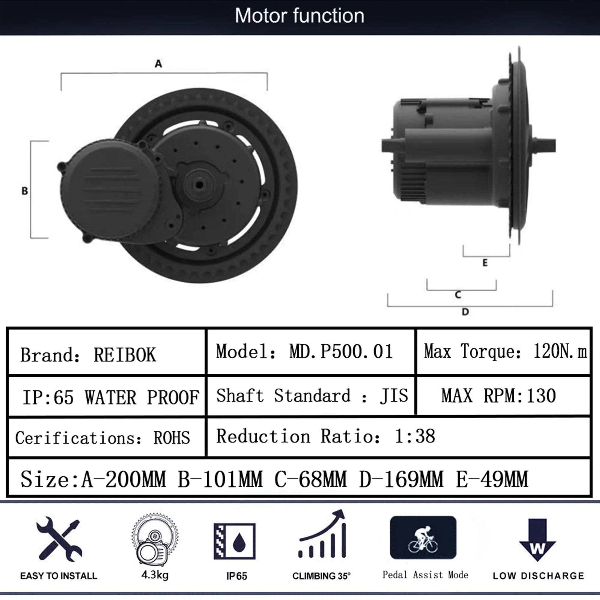 Rayback Motor Rattan Replacement REIBOK 48V 500W Mid Drive Motor For Electric Bikes ...