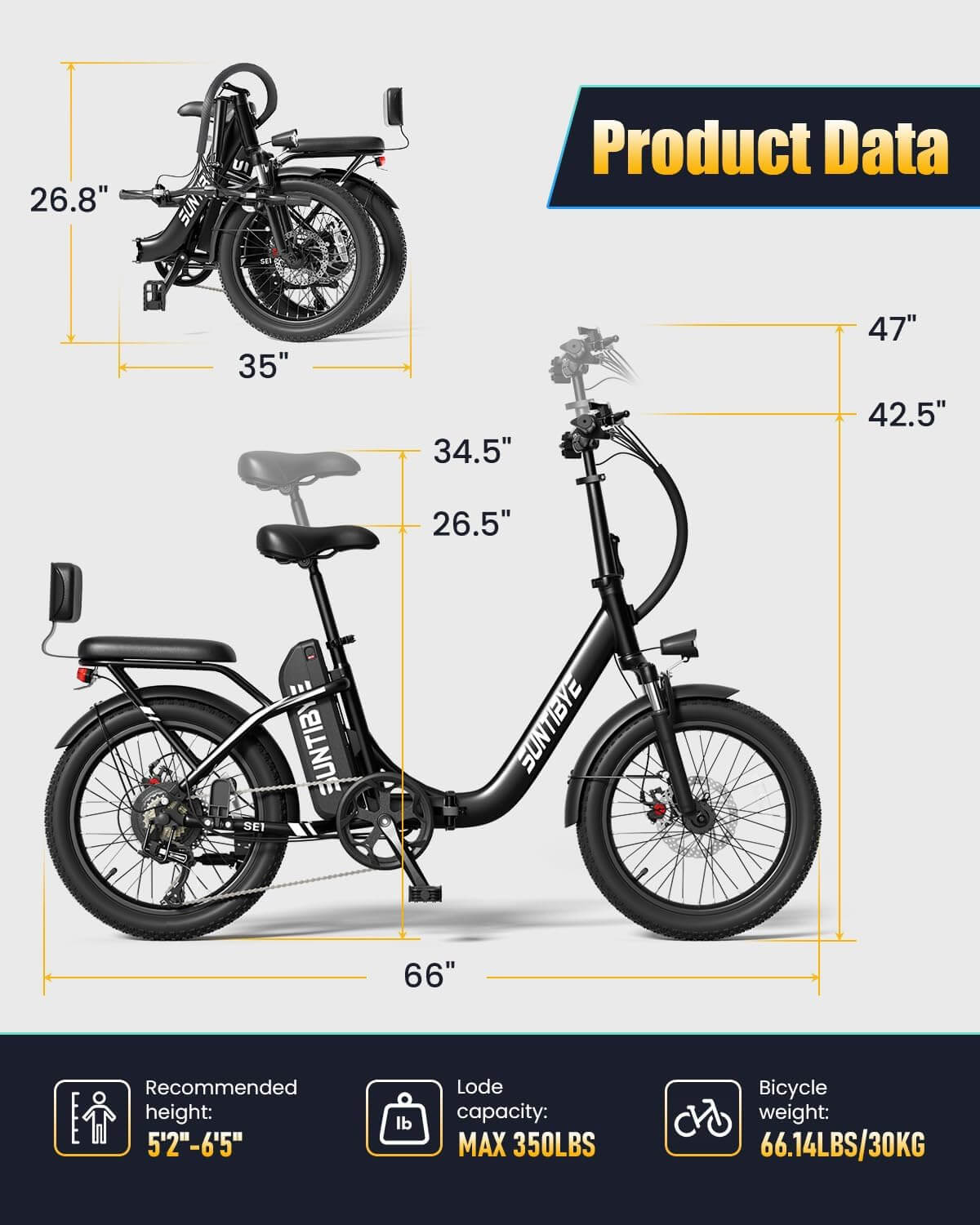 SUNTIBYE SE1 2 Seater 1000W 20" Commuter Folding Fat Tire Electric Bike