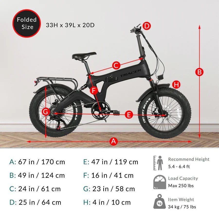 Tracer KAMA 1.0 750W 48V 20" 7 Speed Mag Wheels Folding Fat Tire Electric Bike