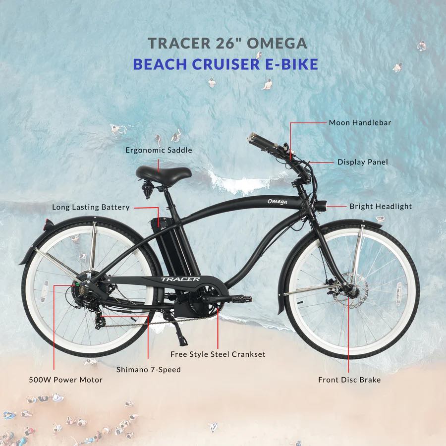 Tracer OMEGA Men's 500W 48V 26" 7 Speed Fat Tire Cruiser Electric Bike