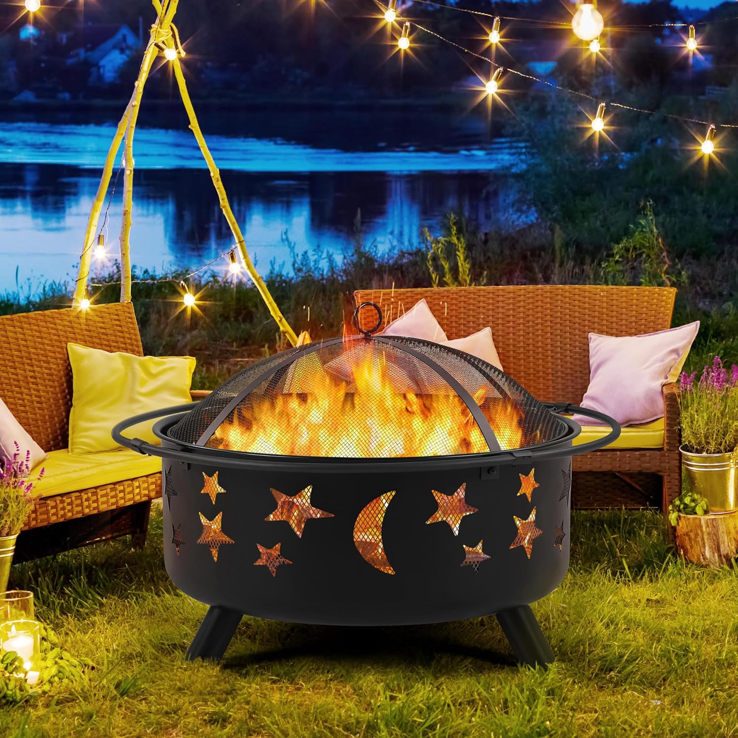 Yaheetech 30" Wood Burning Outdoor Fire Pit with Mesh Cover