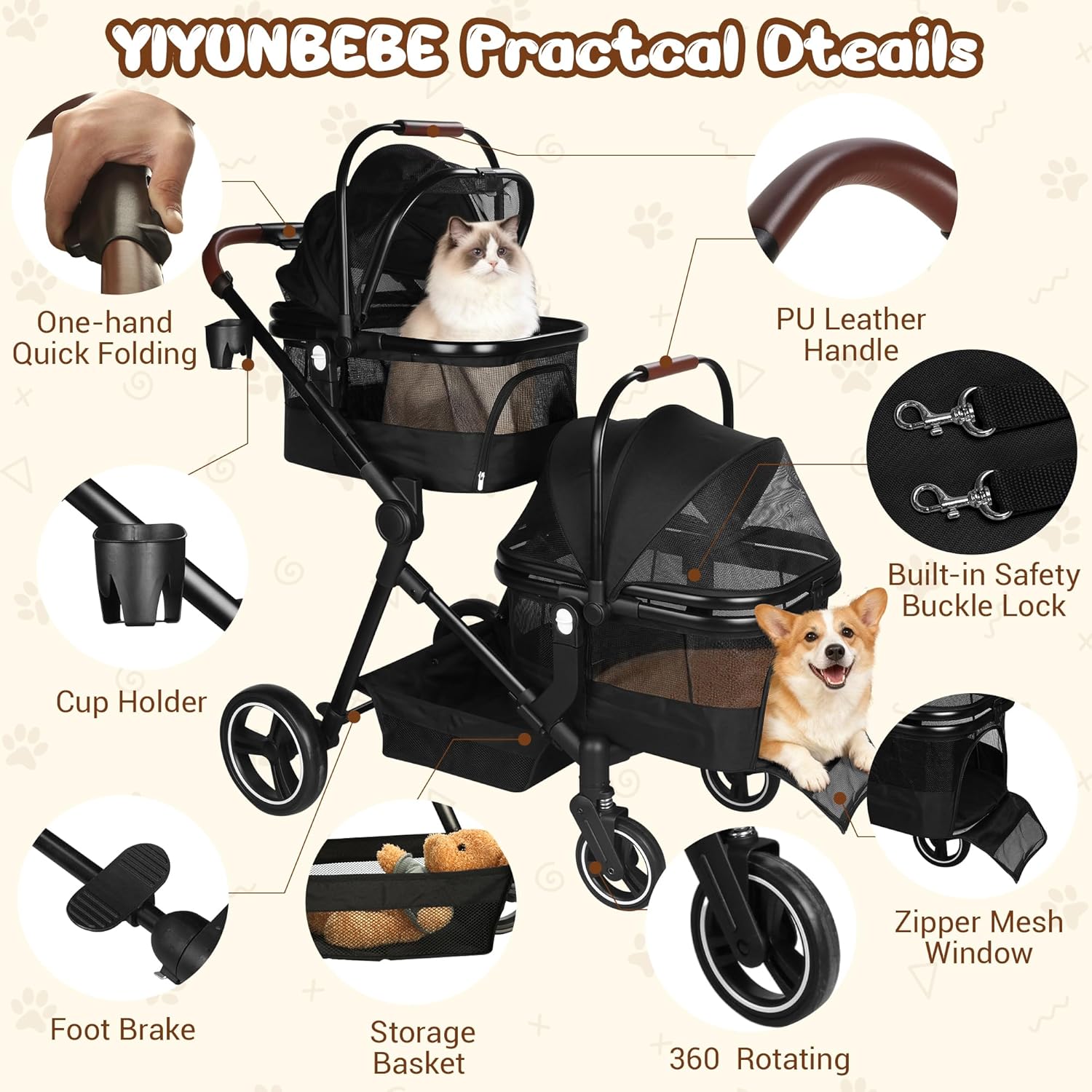 YIYUNBEBE P600T Folding Double Pet Stroller