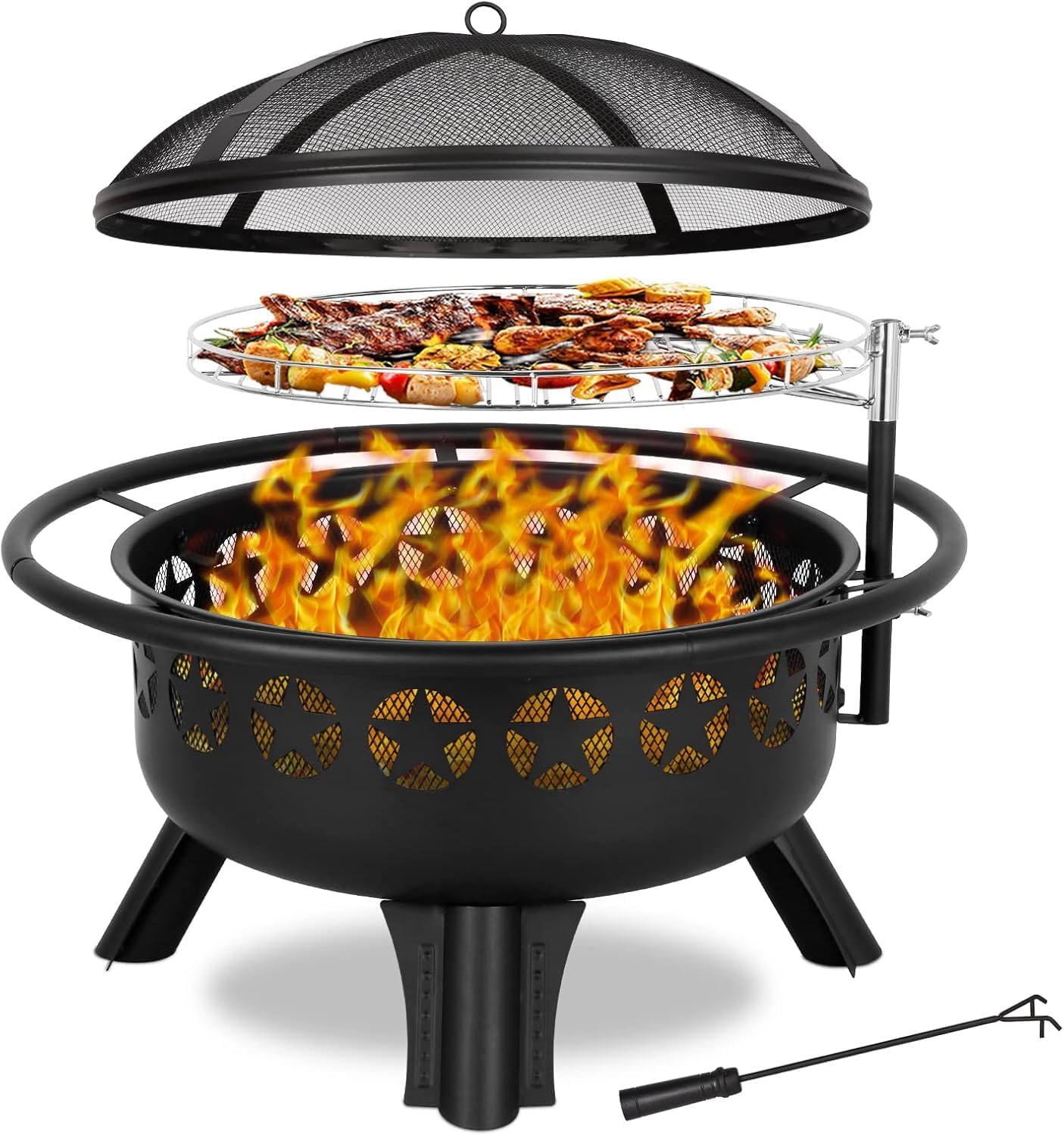 YUNWANG 2-in-1 Wood Burning Fire Pit with Grill, Mesh Cover