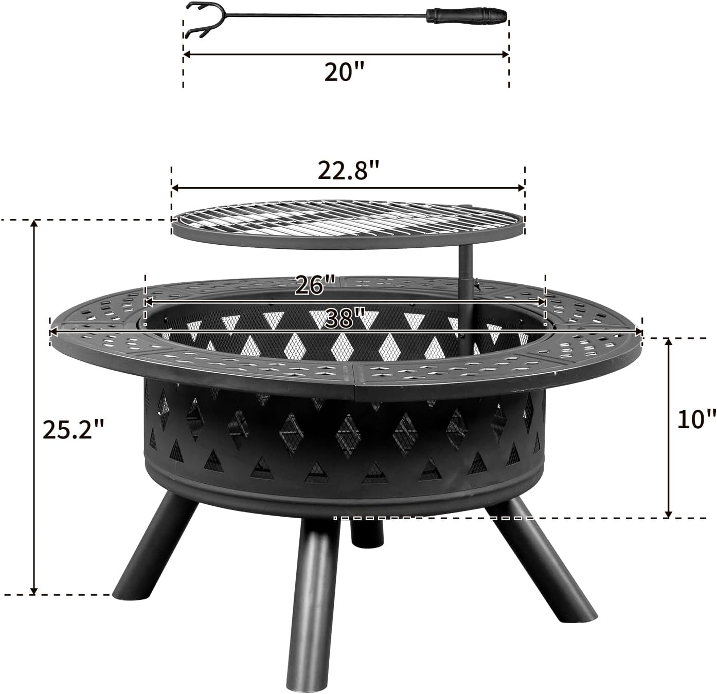 YUNWANG 2-in-1 Wood Burning Fire Pit with Grill, Mesh Cover