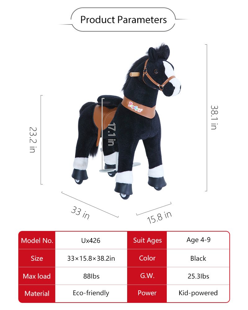2025 Pony Cycle Ux-Series BLACK HORSE Ride-On Kids Toy WHITE HOOF